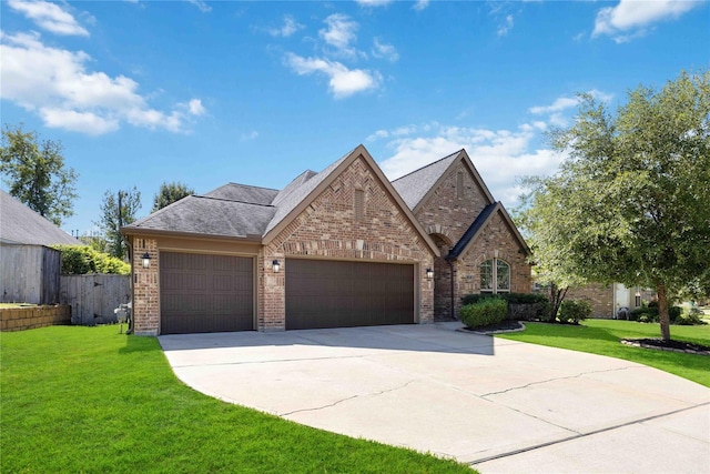 french country home featuring brick siding, driveway, a front yard, and a garage