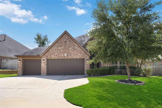 view of front of house with brick siding, a garage, a front lawn, and driveway