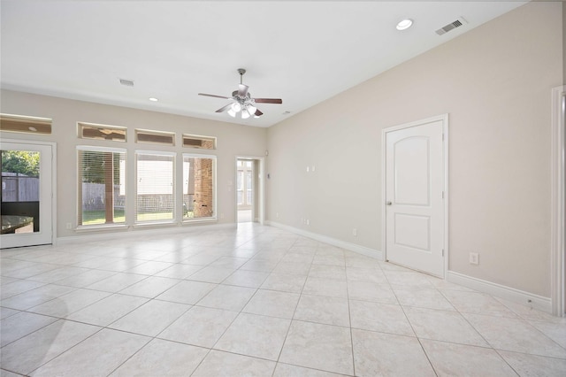 empty room featuring visible vents, a ceiling fan, light tile patterned floors, and recessed lighting
