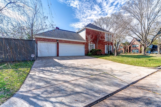 view of front facade featuring roof with shingles, fence, brick siding, an attached garage, and a front yard
