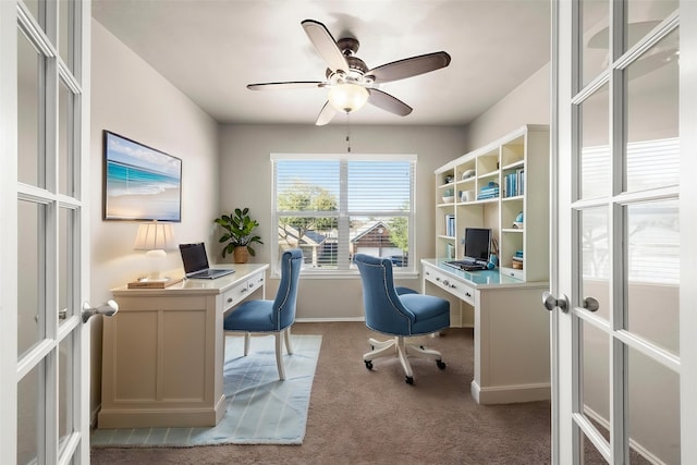 carpeted office featuring ceiling fan, baseboards, and french doors