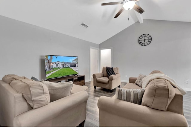 living room featuring a ceiling fan, wood finished floors, vaulted ceiling with beams, baseboards, and visible vents
