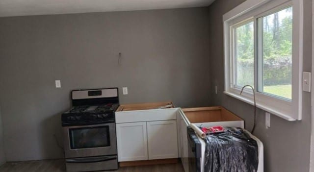 kitchen with plenty of natural light, gas range, and wood finished floors