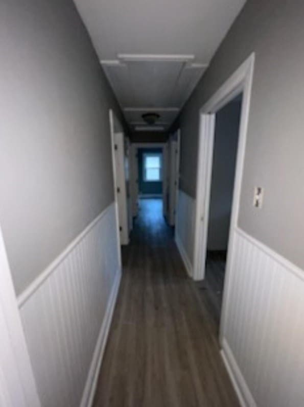 corridor featuring attic access, wainscoting, and wood finished floors