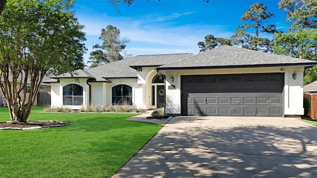view of front of home featuring an attached garage, a front lawn, stucco siding, and concrete driveway