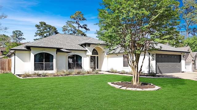 view of front of house with an attached garage, driveway, stucco siding, and a front yard