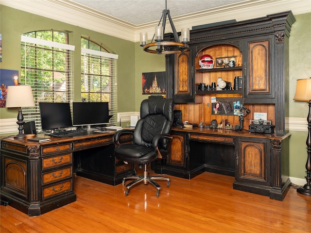 13710 Casaba Ct, Cypress, TX 77429 - office area featuring wainscoting, wood finished floors, a chandelier, and crown molding