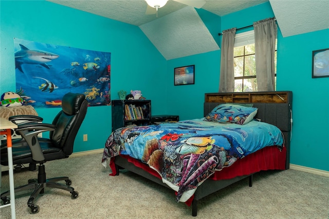 13710 Casaba Ct, Cypress, TX 77429 - carpeted bedroom featuring vaulted ceiling, a textured ceiling, baseboards, and ceiling fan