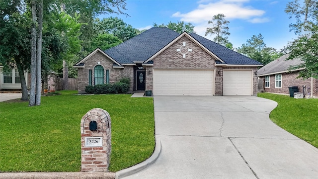 ranch-style house with brick siding, a garage, a front lawn, and concrete driveway
