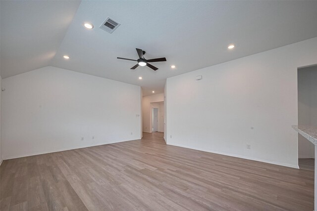unfurnished living room with recessed lighting, light wood-type flooring, visible vents, and a ceiling fan
