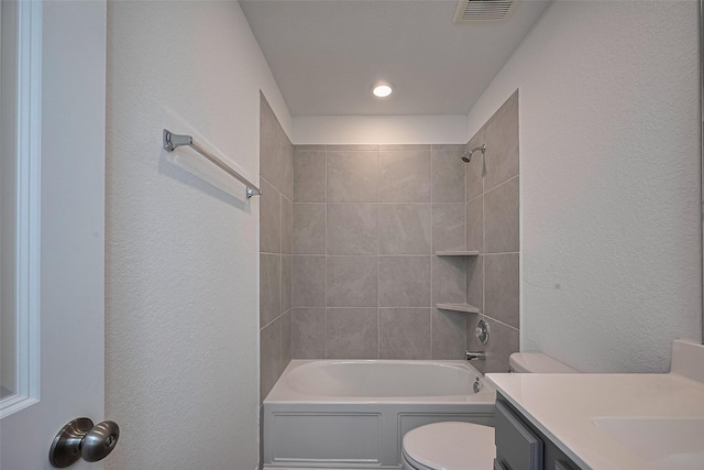 full bathroom with toilet, shower / bathing tub combination, visible vents, a textured wall, and vanity