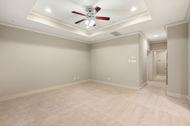 4205 Dickson St, Houston, TX 77007 - empty room with recessed lighting, a raised ceiling, a ceiling fan, and light colored carpet