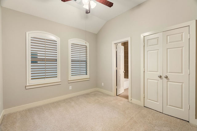 4205 Dickson St, Houston, TX 77007 - unfurnished bedroom featuring lofted ceiling, a ceiling fan, baseboards, light colored carpet, and ensuite bathroom