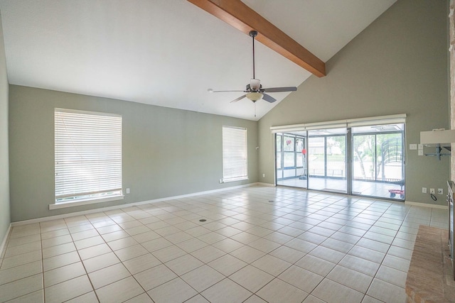 spare room with beamed ceiling, a ceiling fan, and baseboards