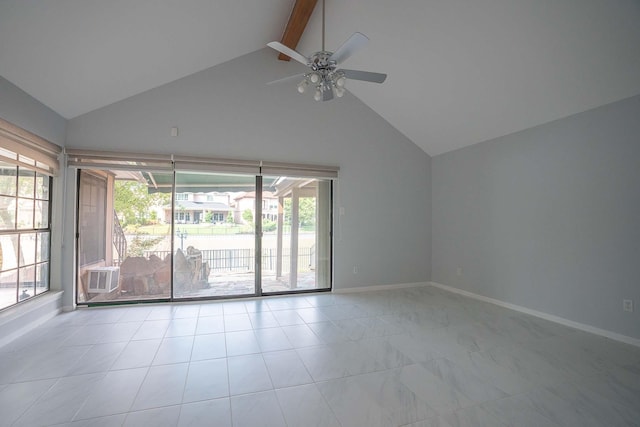 empty room featuring beam ceiling, a ceiling fan, baseboards, and high vaulted ceiling