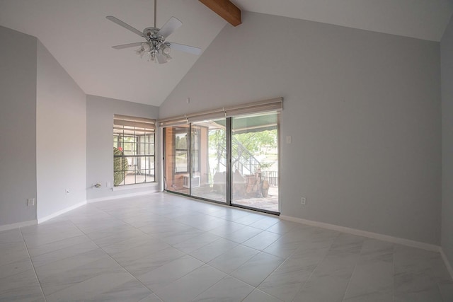 spare room featuring high vaulted ceiling, ceiling fan, baseboards, and beam ceiling