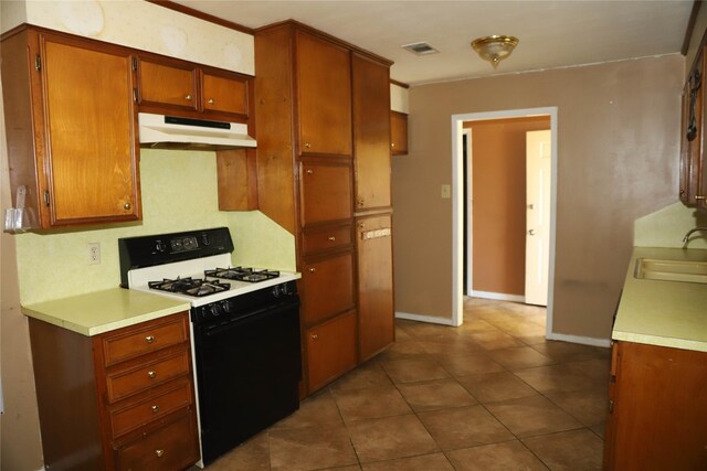 3104 Bonham Dr, Bryan, TX 77803 - kitchen with under cabinet range hood, light countertops, visible vents, a sink, and gas stove