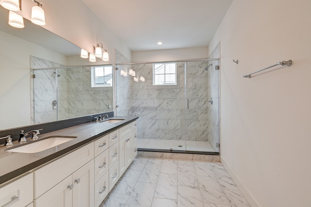 2718 Oakwood Crest Ln, Houston, TX 77018 - full bath featuring a marble finish shower, marble finish floor, a sink, and double vanity