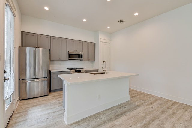 2718 Oakwood Crest Ln, Houston, TX 77018 - kitchen featuring tasteful backsplash, gray cabinets, stainless steel appliances, light countertops, and a sink