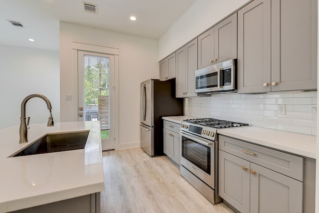 2718 Oakwood Crest Ln, Houston, TX 77018 - kitchen with a sink, gray cabinetry, visible vents, and stainless steel appliances