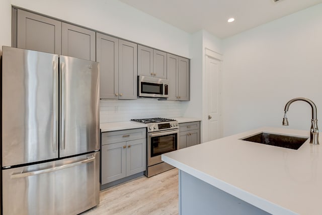 2718 Oakwood Crest Ln, Houston, TX 77018 - kitchen featuring a sink, stainless steel appliances, tasteful backsplash, light wood-style flooring, and gray cabinetry