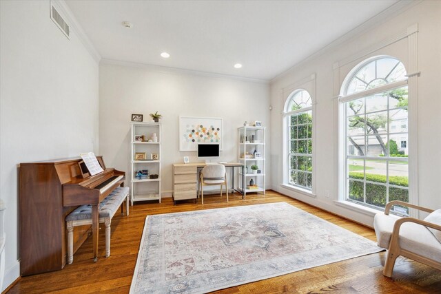 office space featuring plenty of natural light, visible vents, and ornamental molding