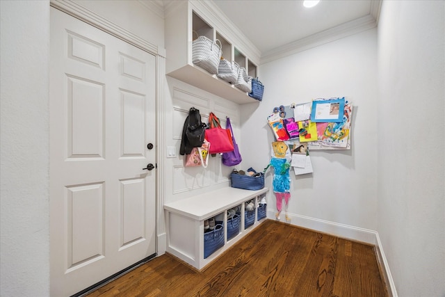 mudroom with baseboards, crown molding, and dark wood-style floors