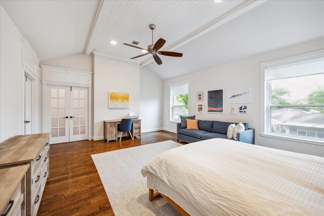 bedroom with recessed lighting, dark wood-style floors, visible vents, vaulted ceiling with beams, and french doors