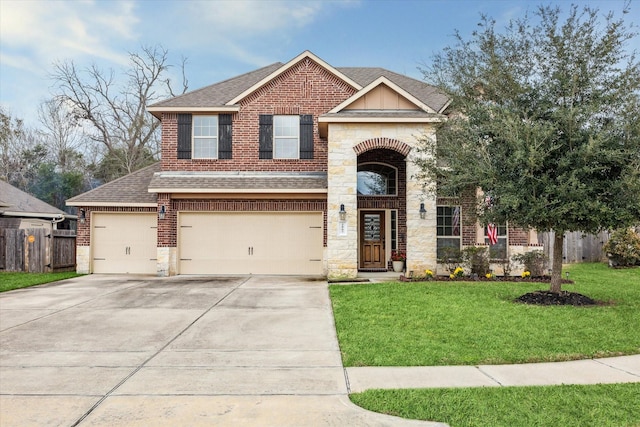 2807 Merlin Ln, Pearland, TX 77581 - traditional-style house with roof with shingles, a front lawn, concrete driveway, fence, and brick siding
