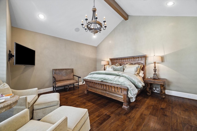 bedroom featuring an inviting chandelier, wood finished floors, baseboards, recessed lighting, and vaulted ceiling with beams