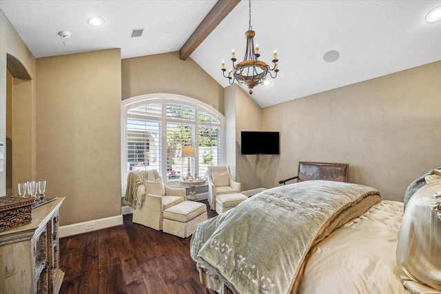bedroom with lofted ceiling with beams, an inviting chandelier, baseboards, wood finished floors, and visible vents