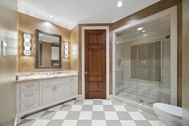 bathroom with crown molding, vanity, toilet, tile patterned floors, and a shower stall