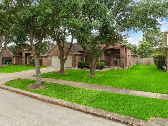 view of front facade featuring brick siding, fence, driveway, a front yard, and an attached garage