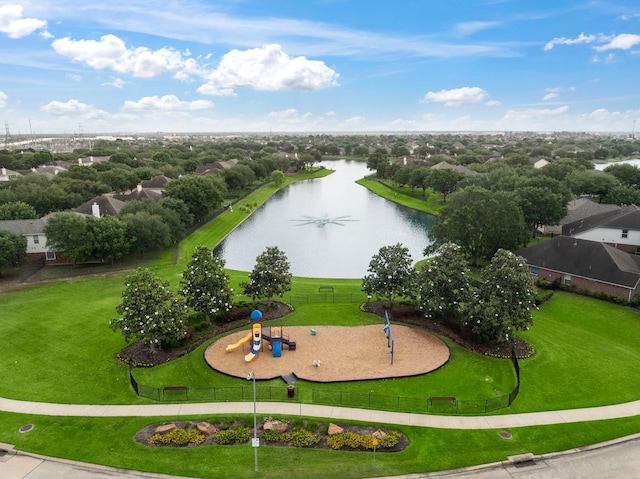 drone / aerial view with a water view