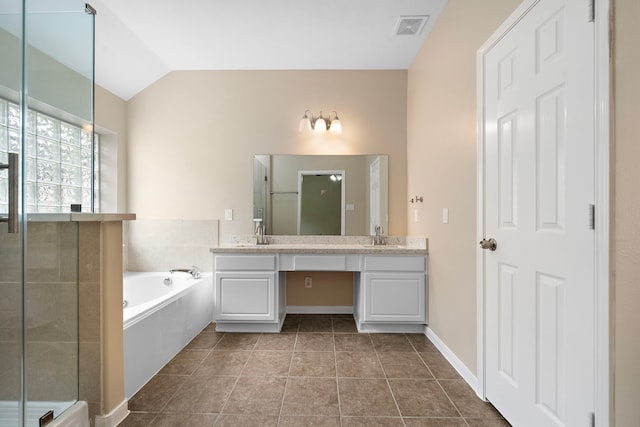full bathroom featuring a sink, double vanity, visible vents, a garden tub, and a shower with door