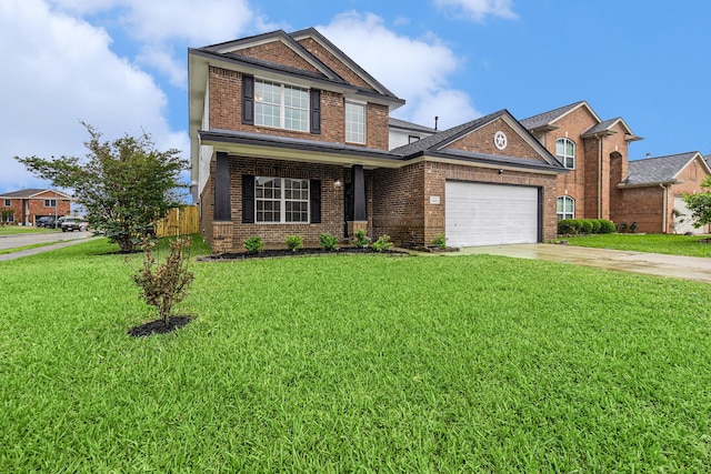 view of front of house with fence, a front lawn, concrete driveway, an attached garage, and brick siding