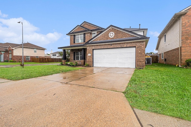 view of front of property featuring brick siding, driveway, a front yard, and fence
