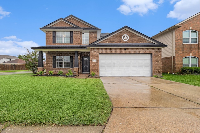 view of front of home with brick siding, a garage, a front lawn, and concrete driveway
