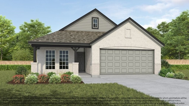 view of front of house featuring roof with shingles, fence, concrete driveway, brick siding, and an attached garage