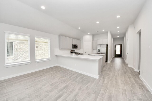 kitchen featuring light countertops, plenty of natural light, light wood-type flooring, and stainless steel appliances