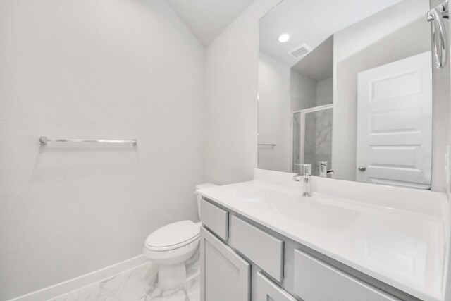 full bathroom with toilet, a stall shower, marble finish floor, baseboards, and visible vents