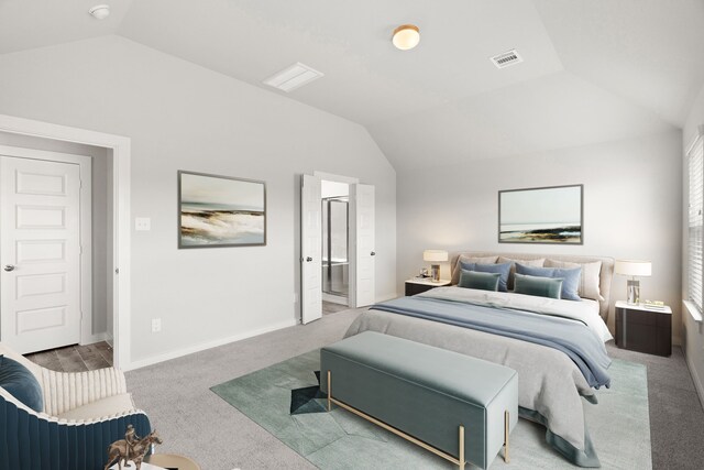 carpeted bedroom with baseboards, vaulted ceiling, visible vents, and connected bathroom