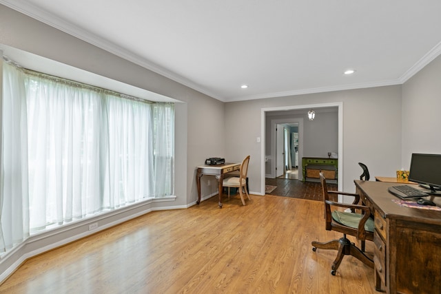 home office featuring baseboards, wood finished floors, recessed lighting, and crown molding