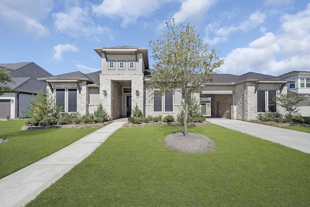prairie-style house with brick siding, stone siding, and a front yard