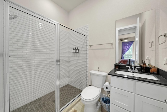 full bathroom featuring vanity, a stall shower, and toilet