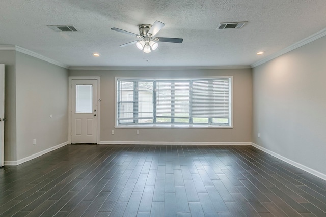unfurnished living room with visible vents, a ceiling fan, baseboards, and dark wood-style flooring
