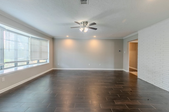 empty room with dark wood-type flooring, a ceiling fan, and baseboards