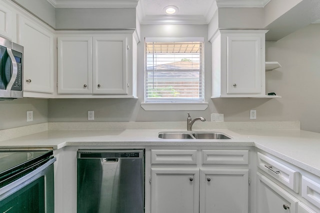 kitchen with a sink, open shelves, white cabinetry, and stainless steel appliances