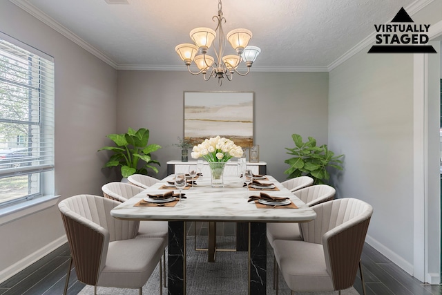 5950 Beaudry Dr, Houston, TX 77035 - dining room with crown molding, dark wood-style flooring, baseboards, and an inviting chandelier