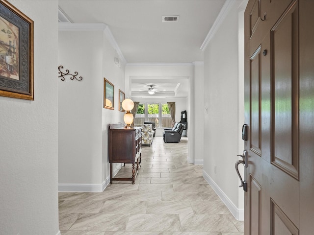 651 Tenuta Ln, League City, TX 77573 - entrance foyer with ceiling fan, visible vents, baseboards, and ornamental molding